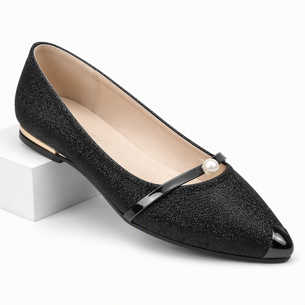 Marceline | Womens Pointed Toe Pearl Flats Slip on Loafers Black packshot