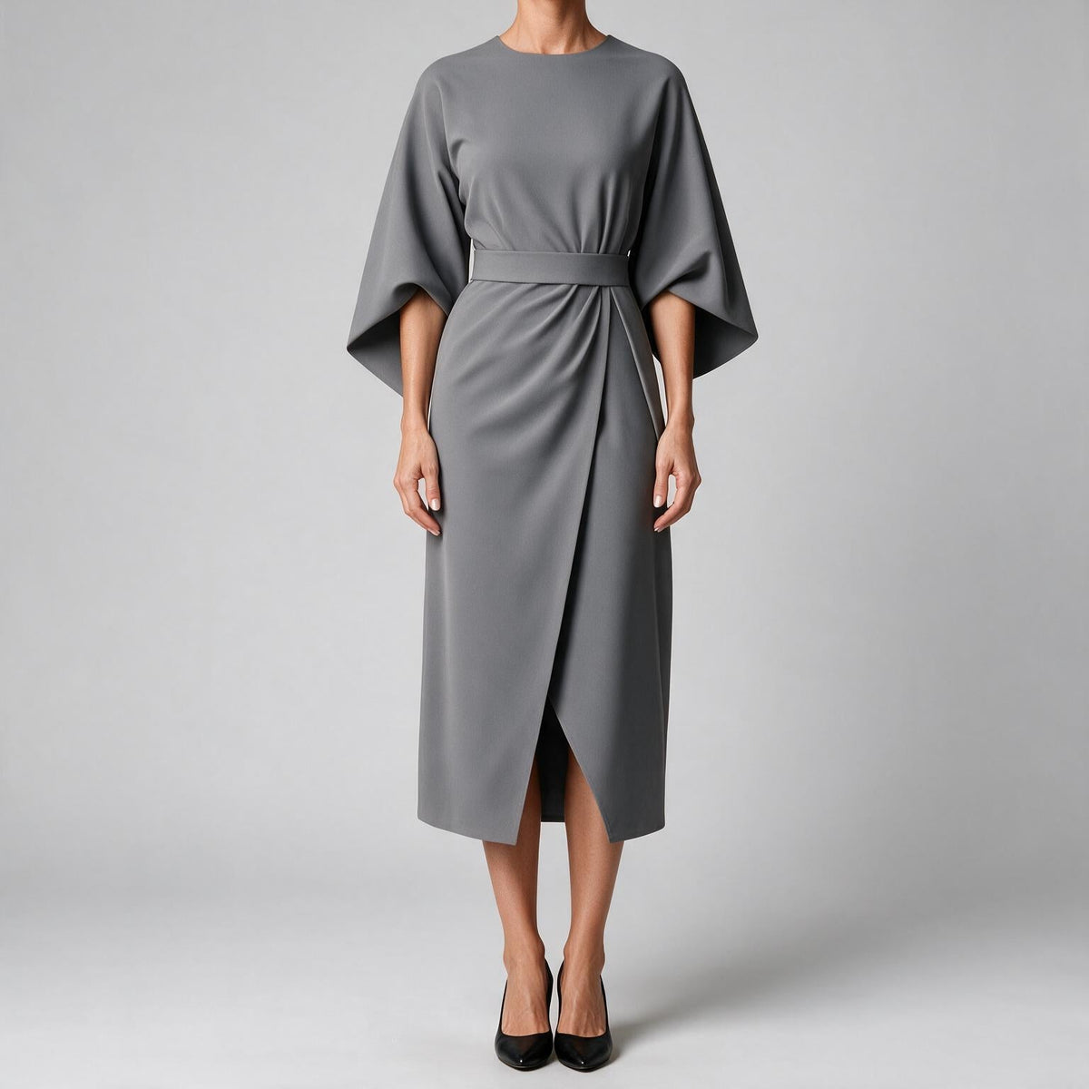 Rhoswen | Womens Wedding Guest Dresses Batwing Sleeve Maxi Elegant Dress Grey