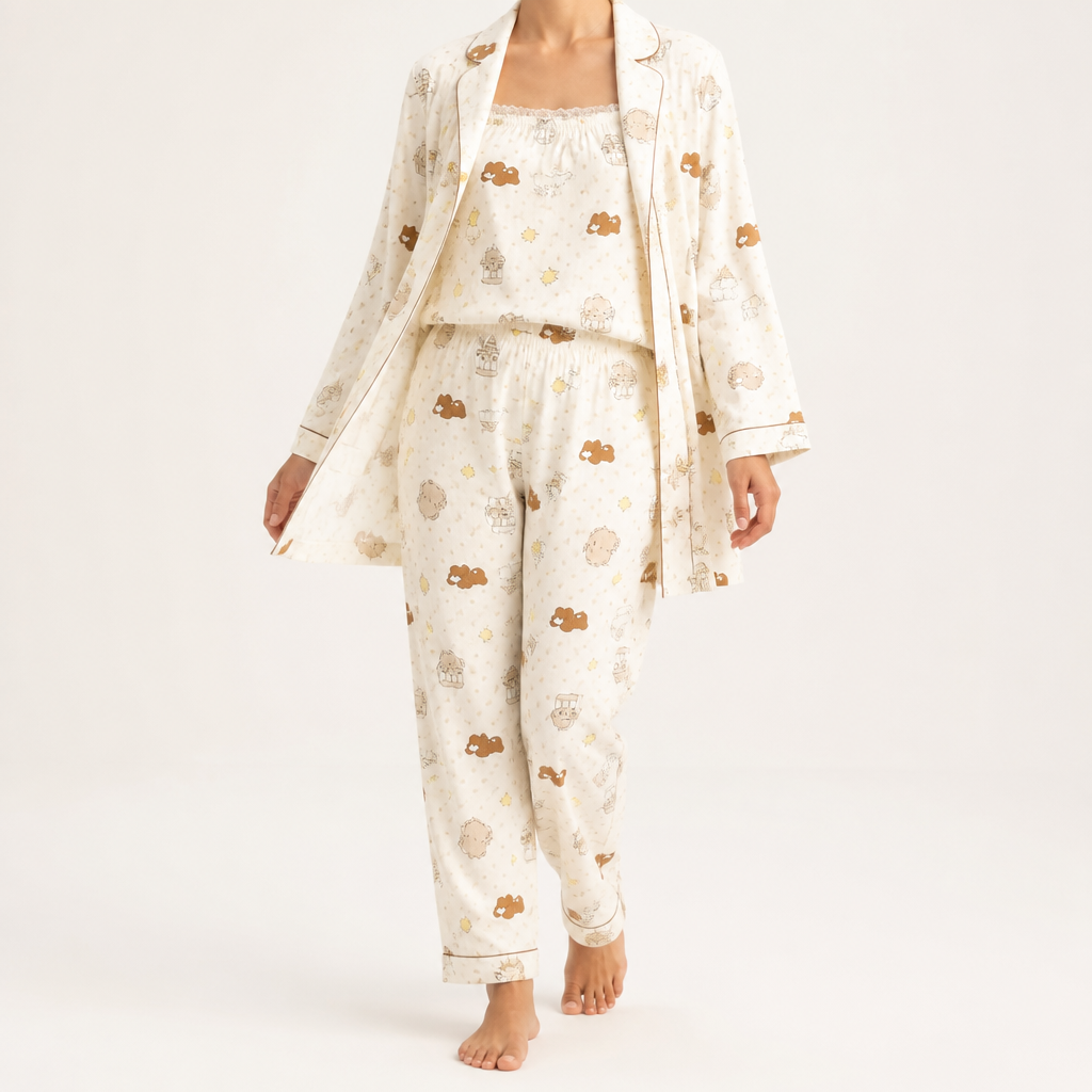 Rosalind | Womens Long Sleeve Button Up Cotton Pyjama Set Loungewear, Ivory 7