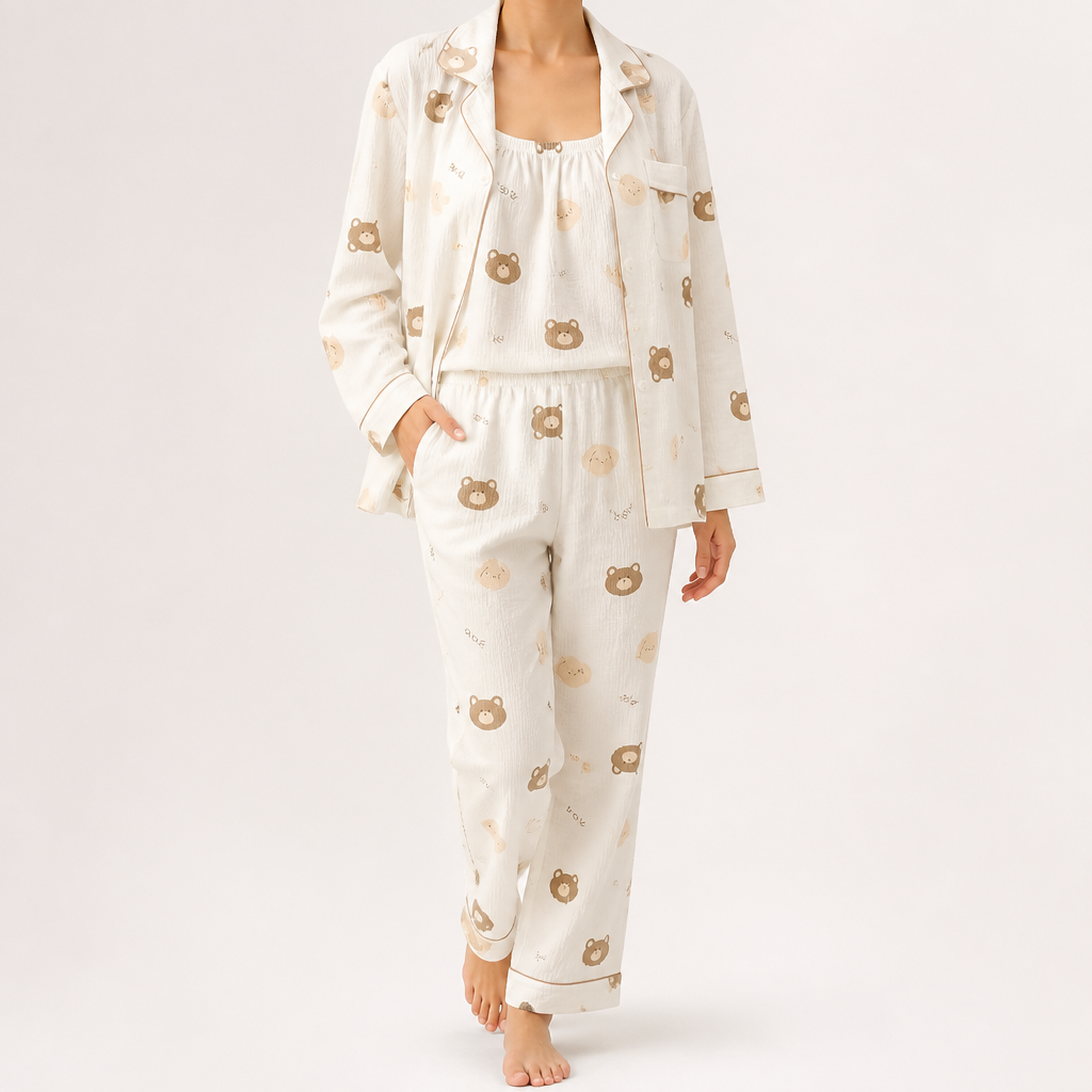 Rosalind | Womens Long Sleeve Button Up Cotton Pyjama Set Loungewear, Cream 3