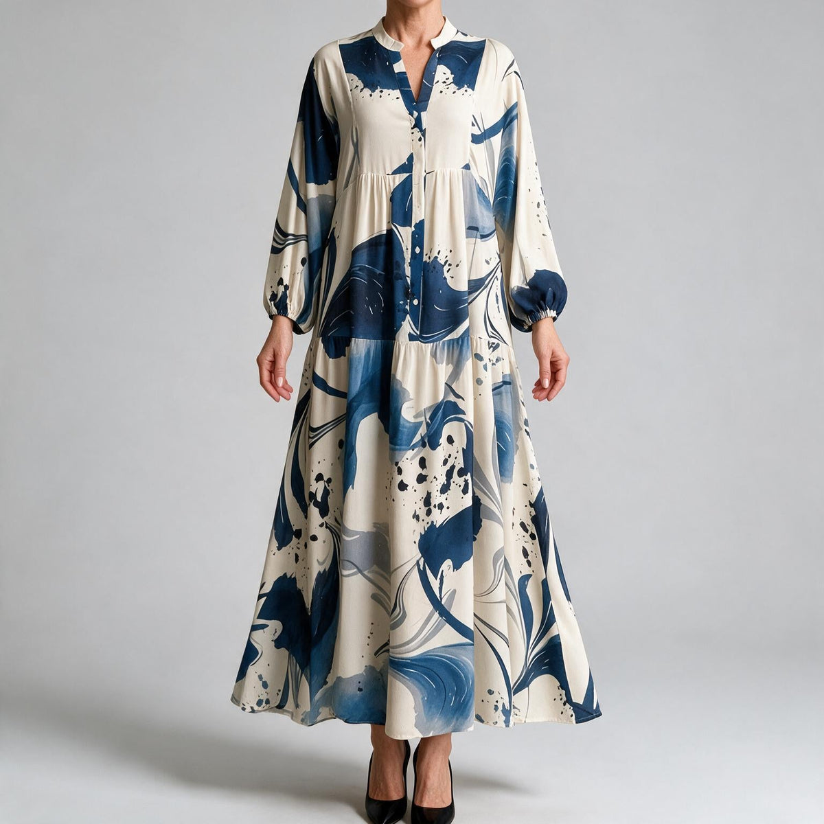 Ulric | Womens Dress Printed Long Sleeve V Neck Loose Maxi Dress