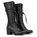 Isla | Womens Knee High Boots Lace Up Block Heel Boots Black packshot