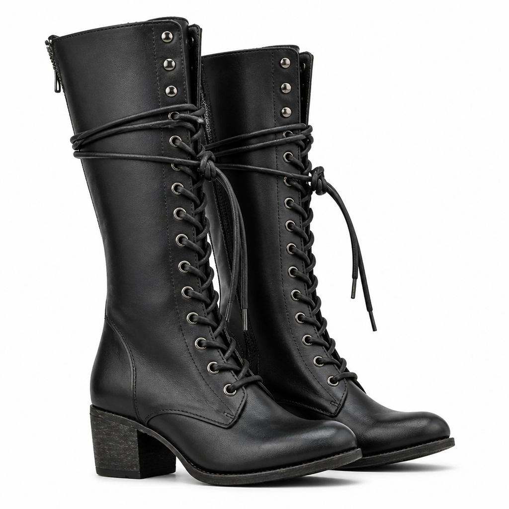 Isla | Womens Knee High Boots Lace Up Block Heel Boots Black packshot