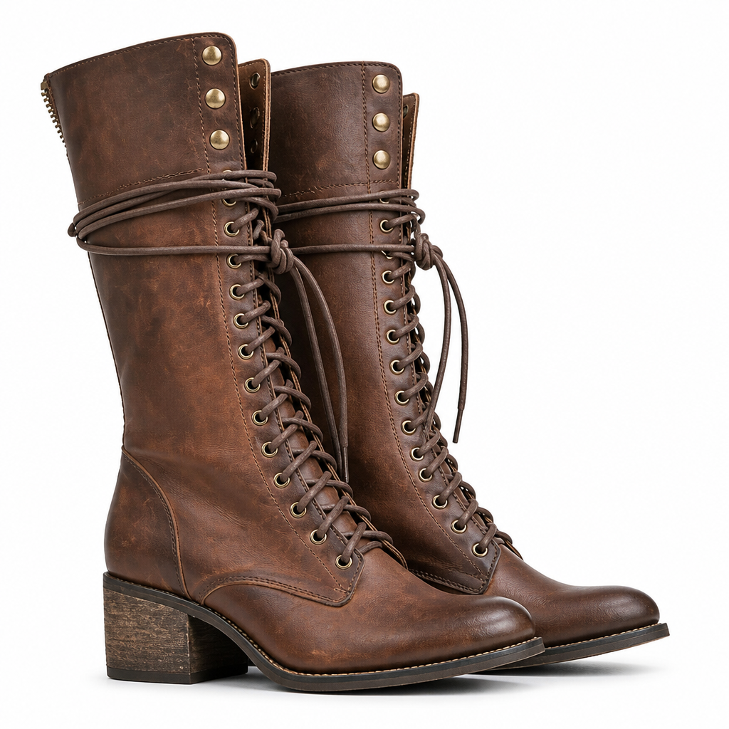 Isla | Womens Knee High Boots Lace Up Block Heel Boots Brown packshot