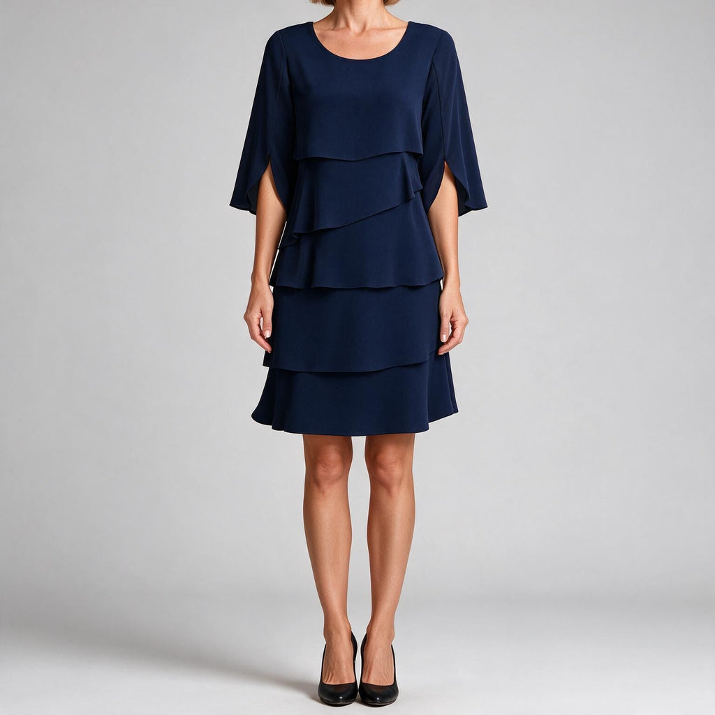 Antonia | Womens Wedding Guest Midi Dresses Round Neck Tiered Patchwork Dress Navy Blue
