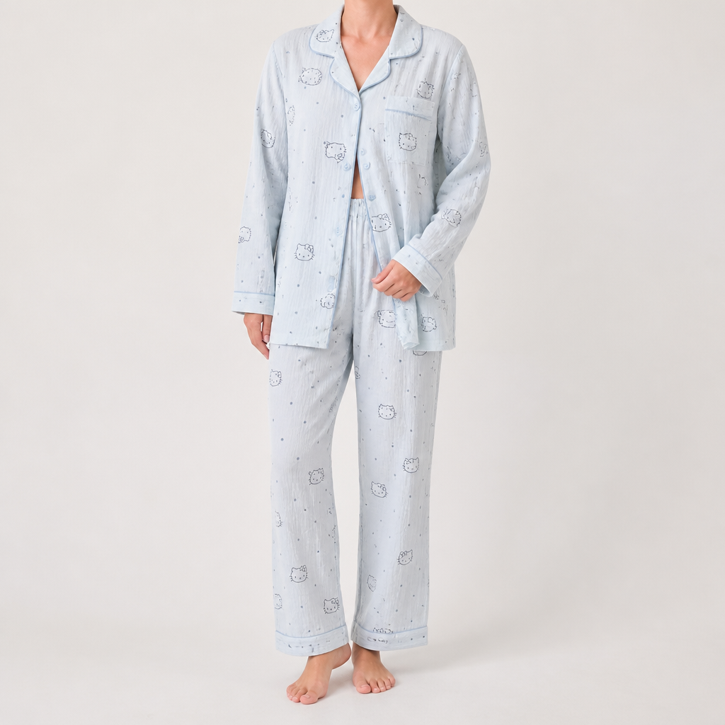 Rosalind | Womens Long Sleeve Button Up Cotton Pyjama Set Loungewear, Blue 3