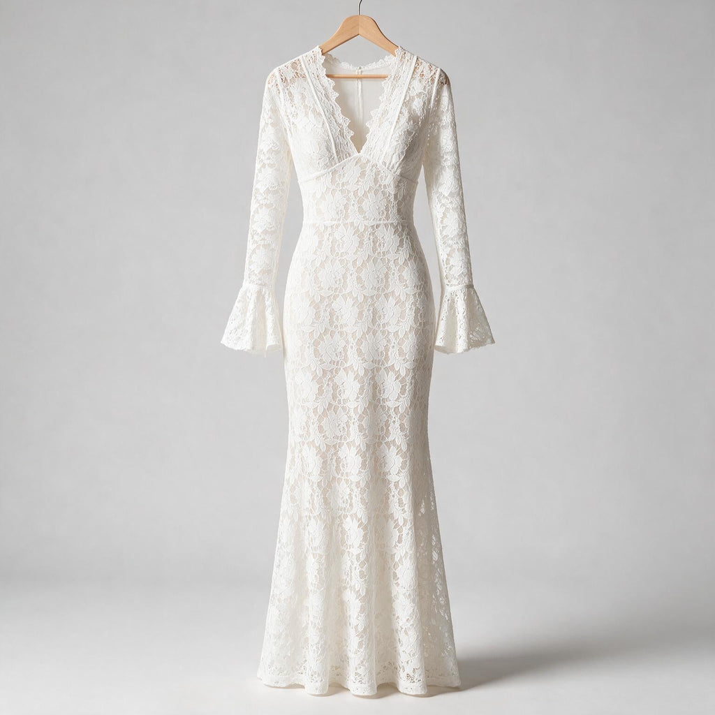 Eloise | Womens White Lace Maxi Wedding Guest Prom Evening Cocktail Formal Dresses on hanger