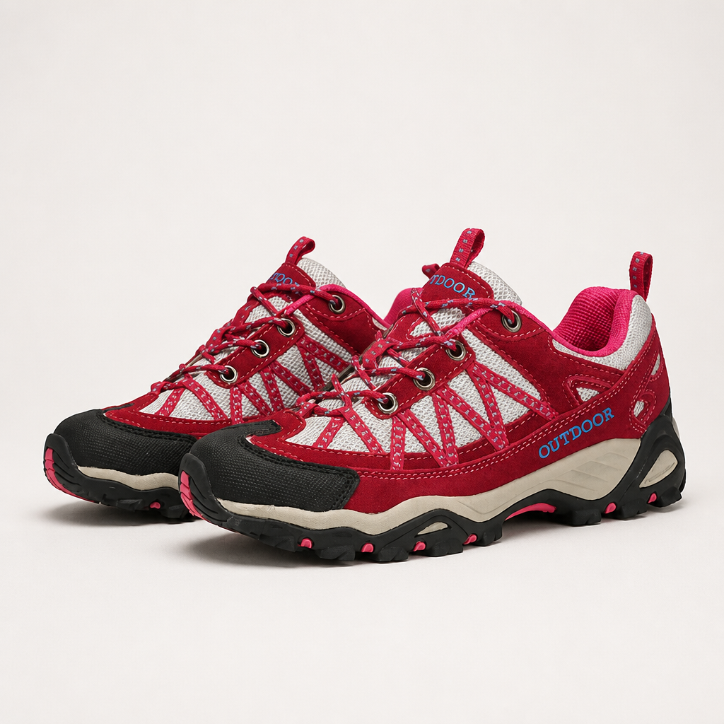 Delphine | Womens Leather Non Slip Breathable Walking Hiking Shoes, Plum Red