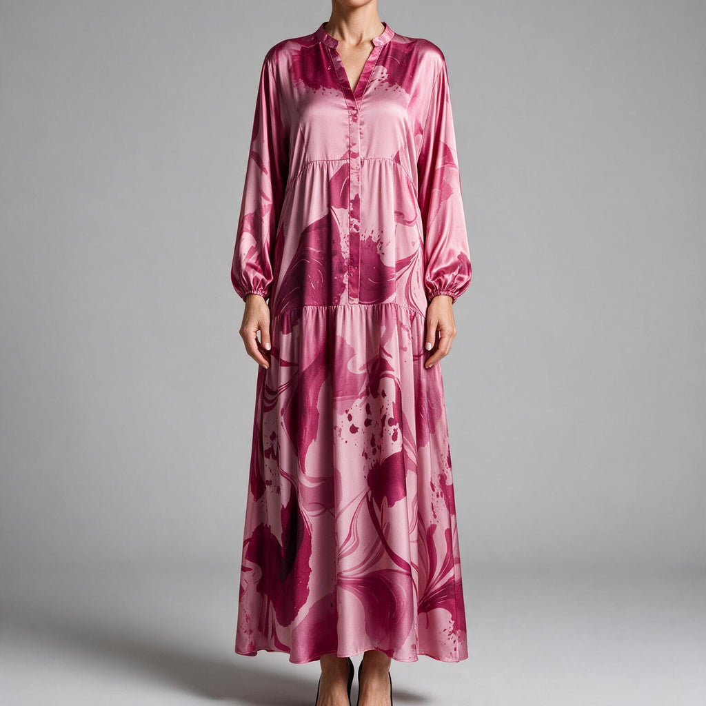 Ulric | Womens Dress Printed Long Sleeve V Neck Loose Maxi Dress Rose Red