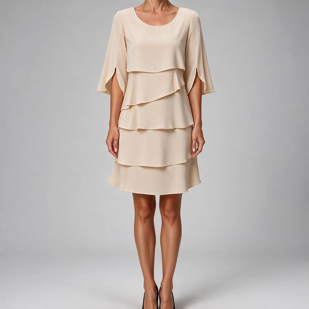 Antonia | Womens Wedding Guest Midi Dresses Round Neck Tiered Patchwork Dress Apricot