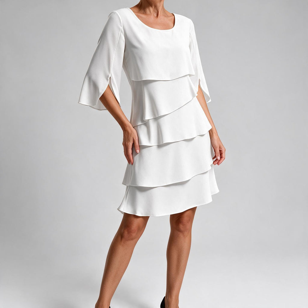 Antonia | Womens Wedding Guest Midi Dresses Round Neck Tiered Patchwork Dress