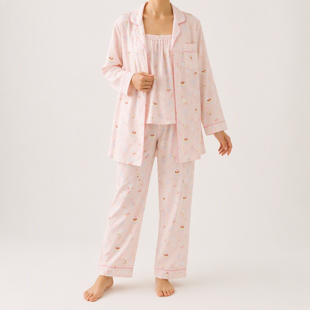Rosalind | Womens Long Sleeve Button Up Cotton Pyjama Set Loungewear, Pink 3