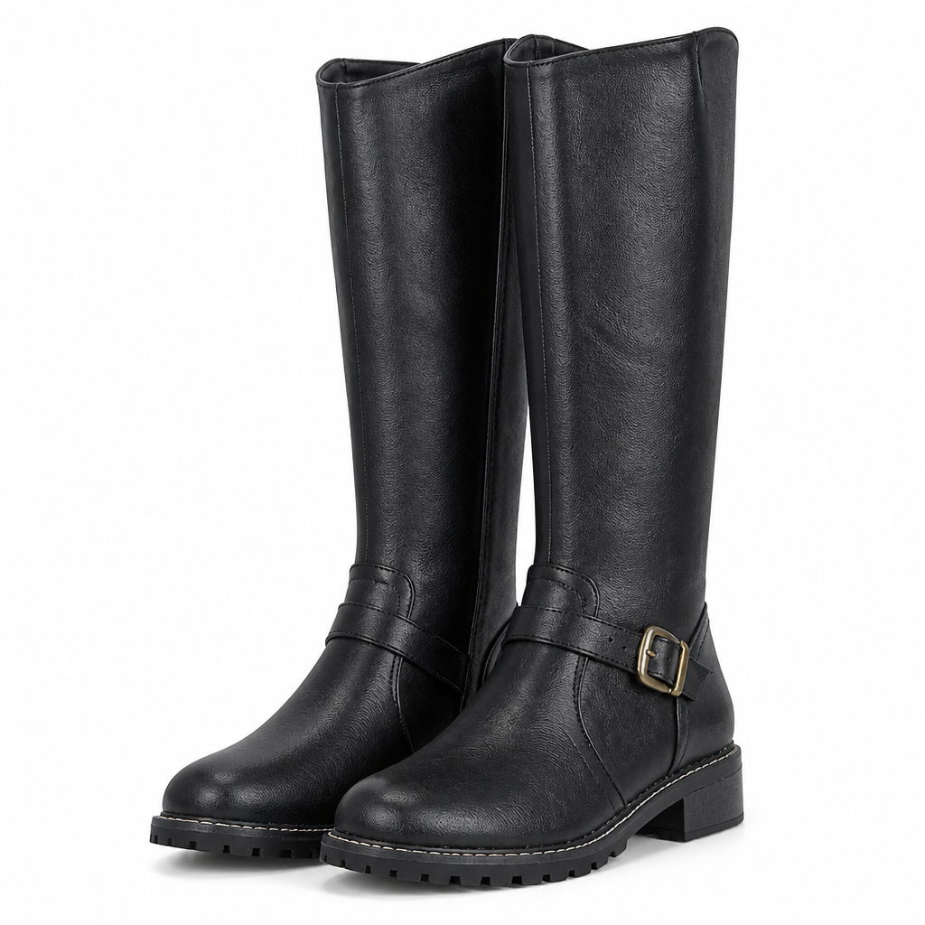 Rhoda | Womens Knee High Boots Heeled Leather Biker Boots Black packshot