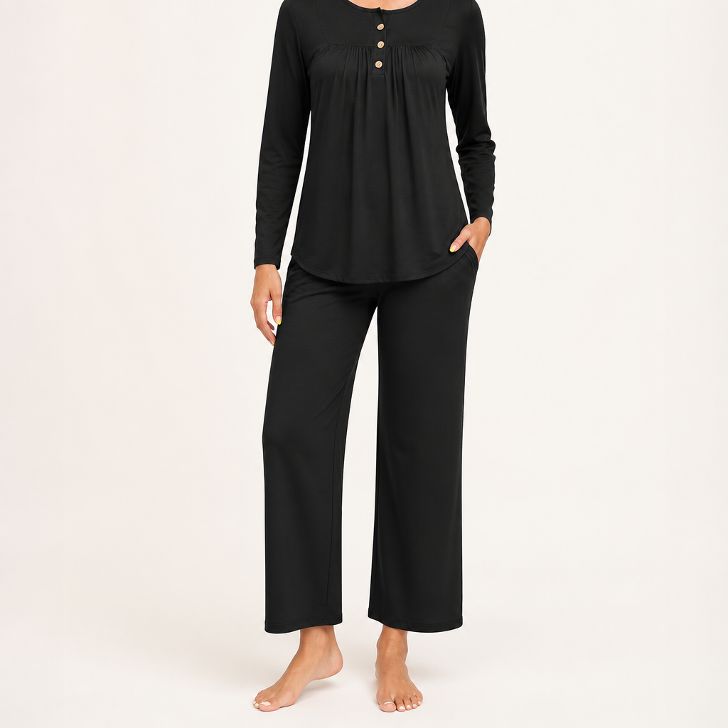 Harriet | Womens Long Sleeve Pyjama Set With Pockets Loungewear, Black