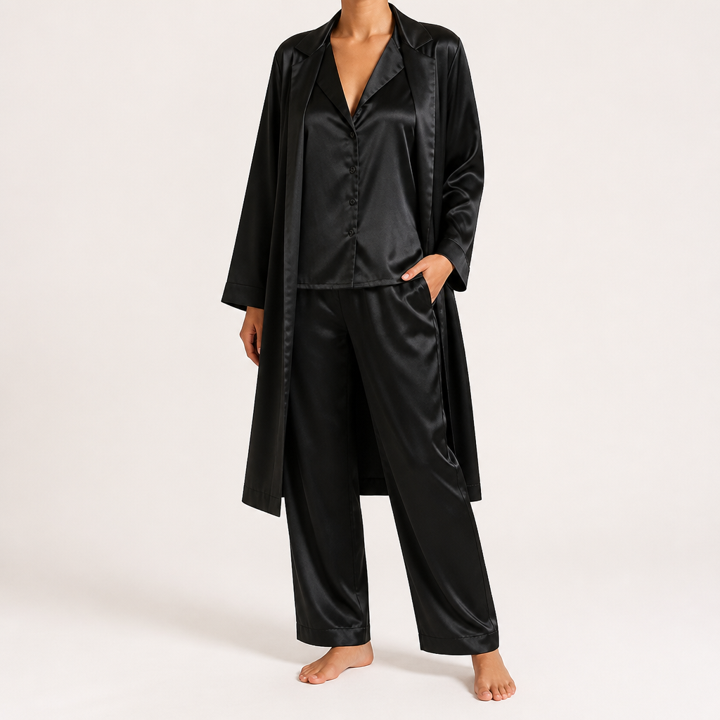 Colette | Womens Long Sleeve Satin Pyjama Set, Black