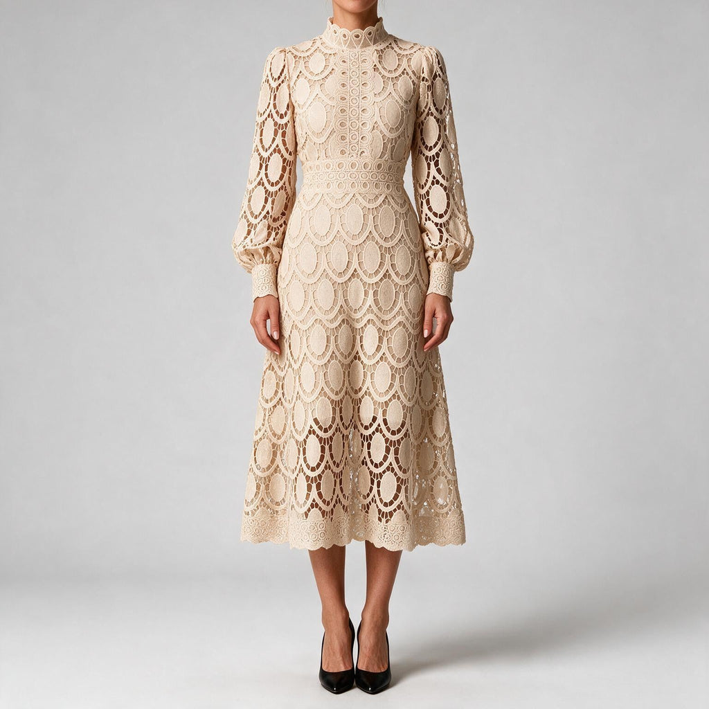 Genevieve | Womens Wedding Guest Lace A-Line Puff Sleeve Dresses Apricot