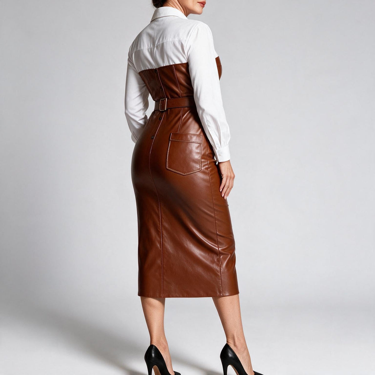 Aurelia | Womens Shirt Dress Long Sleeve Belted Leather Look Midi Dress