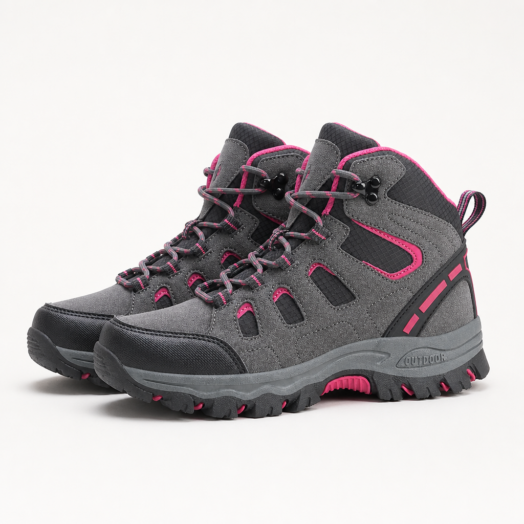 Rowan | Womens Water Resistant Breathable High Top Walking Hiking Boots, Grey Rose Red