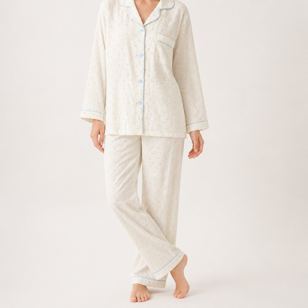Rosalind | Womens Long Sleeve Button Up Cotton Pyjama Set Loungewear, White 5
