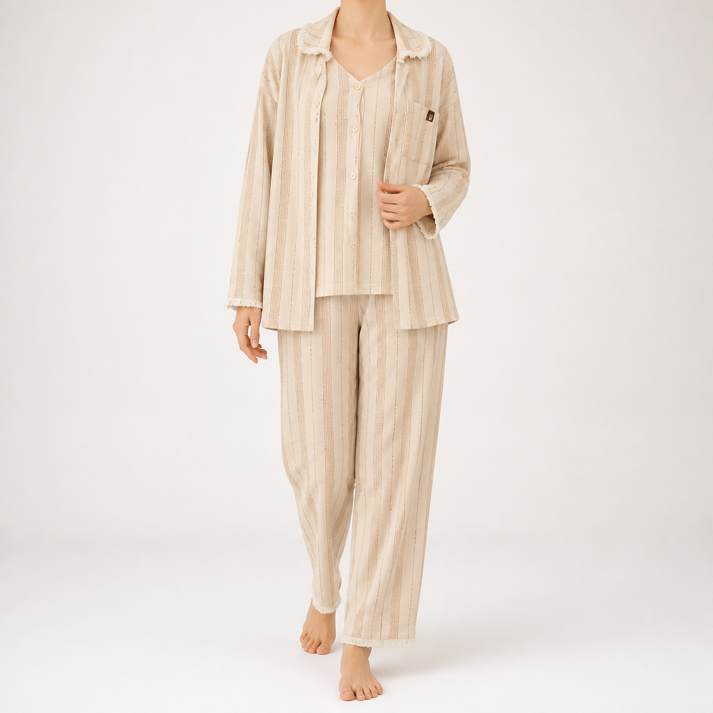 Beatrice | Womens Cotton Long Sleeve Pyjama Set, Oatmeal