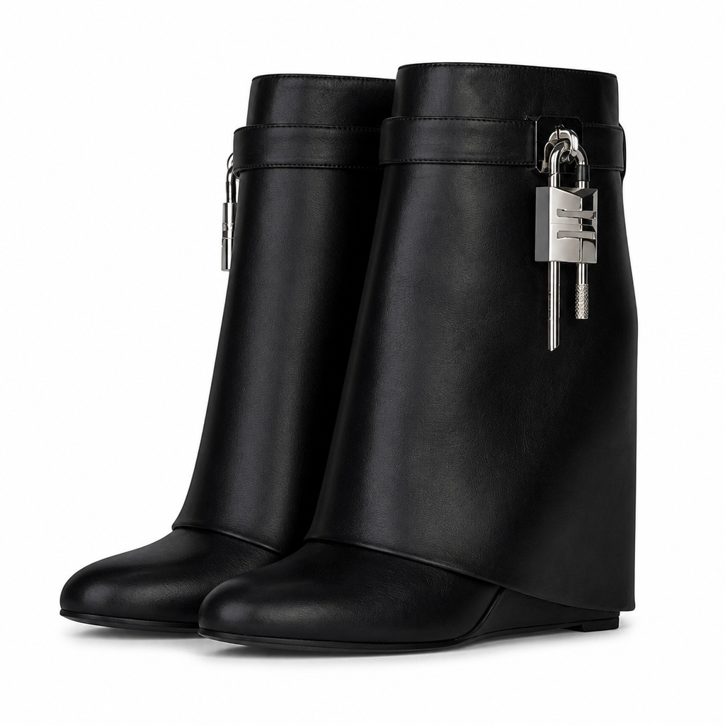 Odette | Womens Platform Boots Heeled Buckle Round Toe Ankle Boots Black packshot