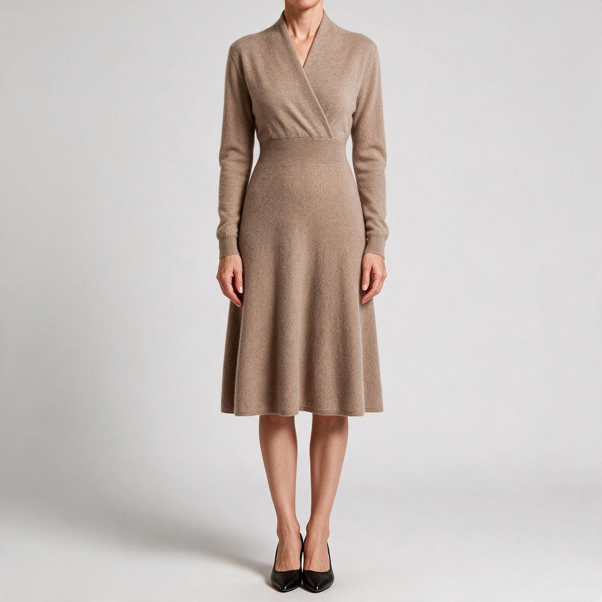 Genevieve | Womens Cashmere Knitted V Neck Midi Jumper Wedding Guest Dresses Natural Cashmere