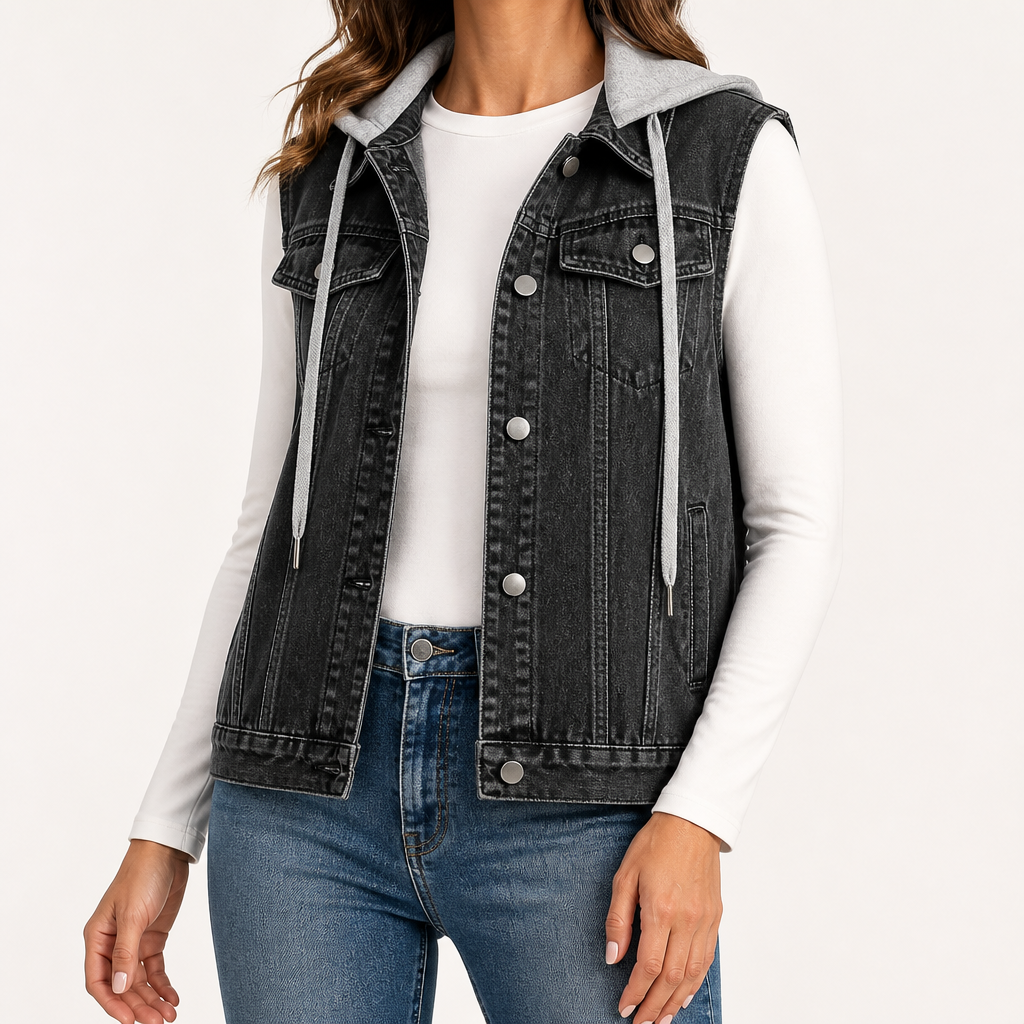 Cordelia | Womens Hooded Denim Gilet Waistcoat, Charcoal Grey 2