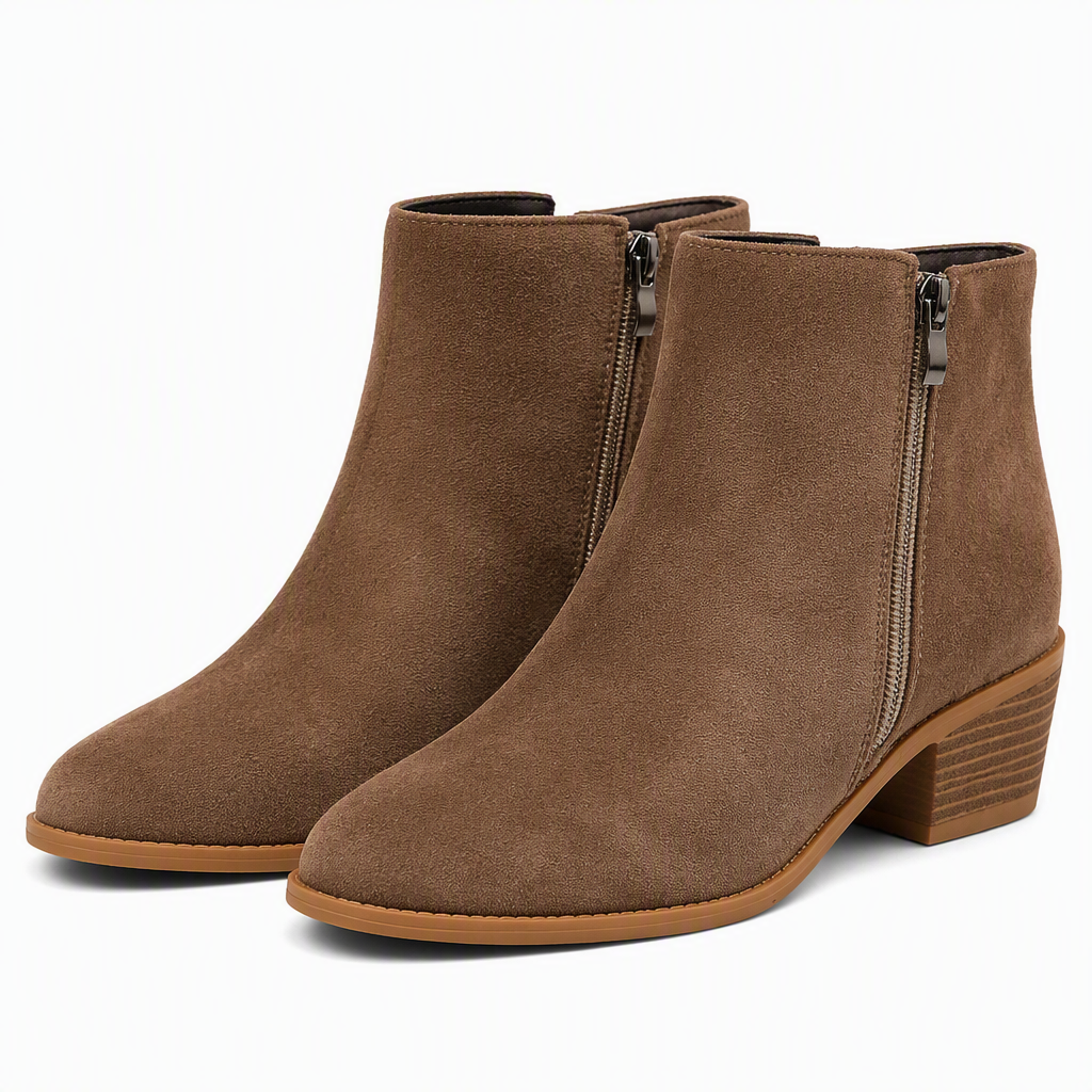 Vesper | Womens Ankle Boots Square Heel Side Zip Pointed Suede Boots Brown packshot