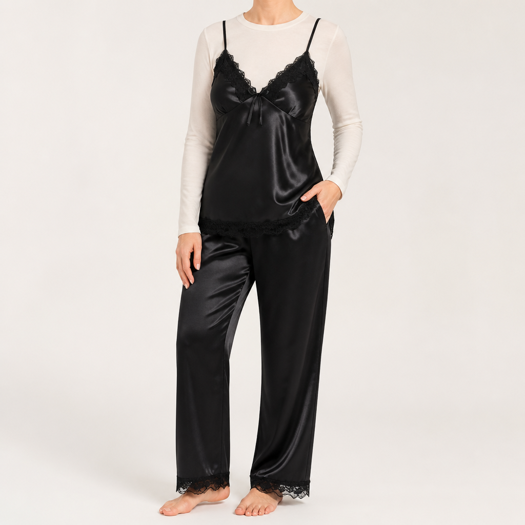 Seraphina | Womens Satin Lace Nightdress Chemise Slip, Black