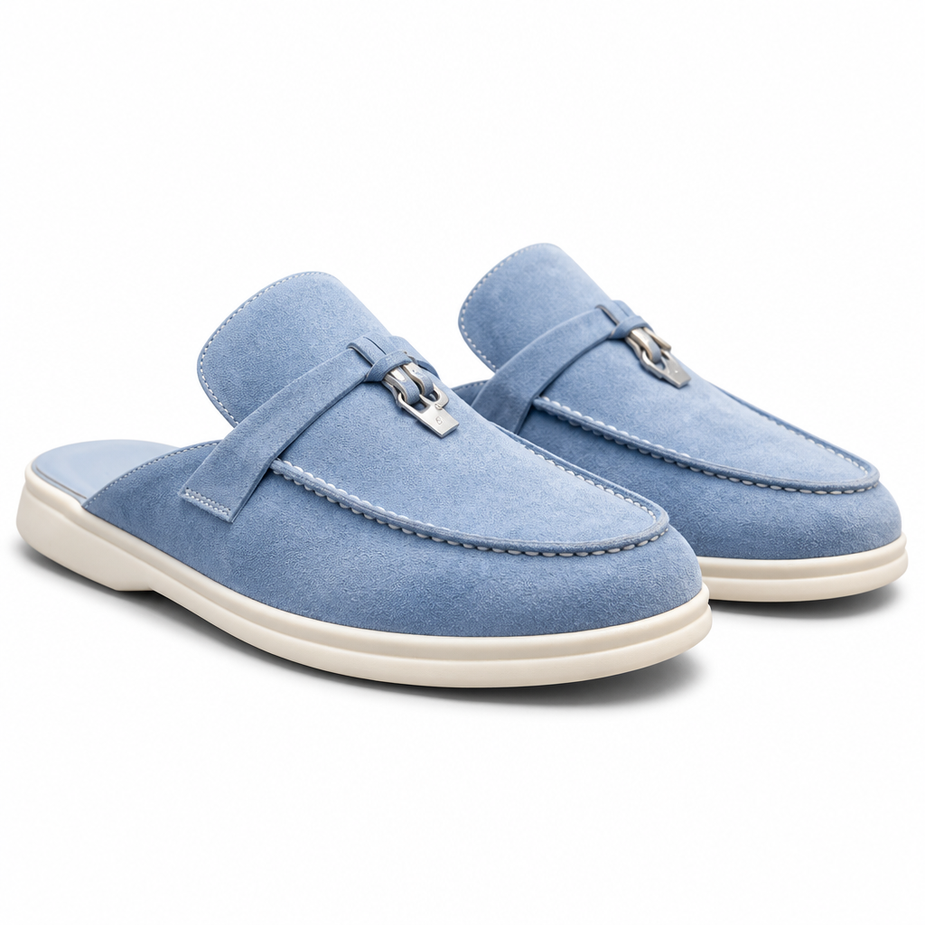 Sasha | Womens Leather Slip on Closed Toe Mules Sandals Blue 2 packshot