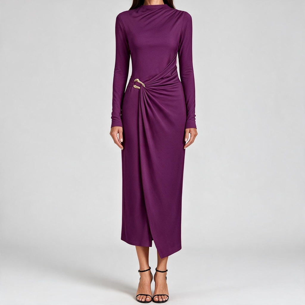 Petra | Womens Wedding Guest Long Sleeve Bodycon Midi Prom Dress Deep Purple