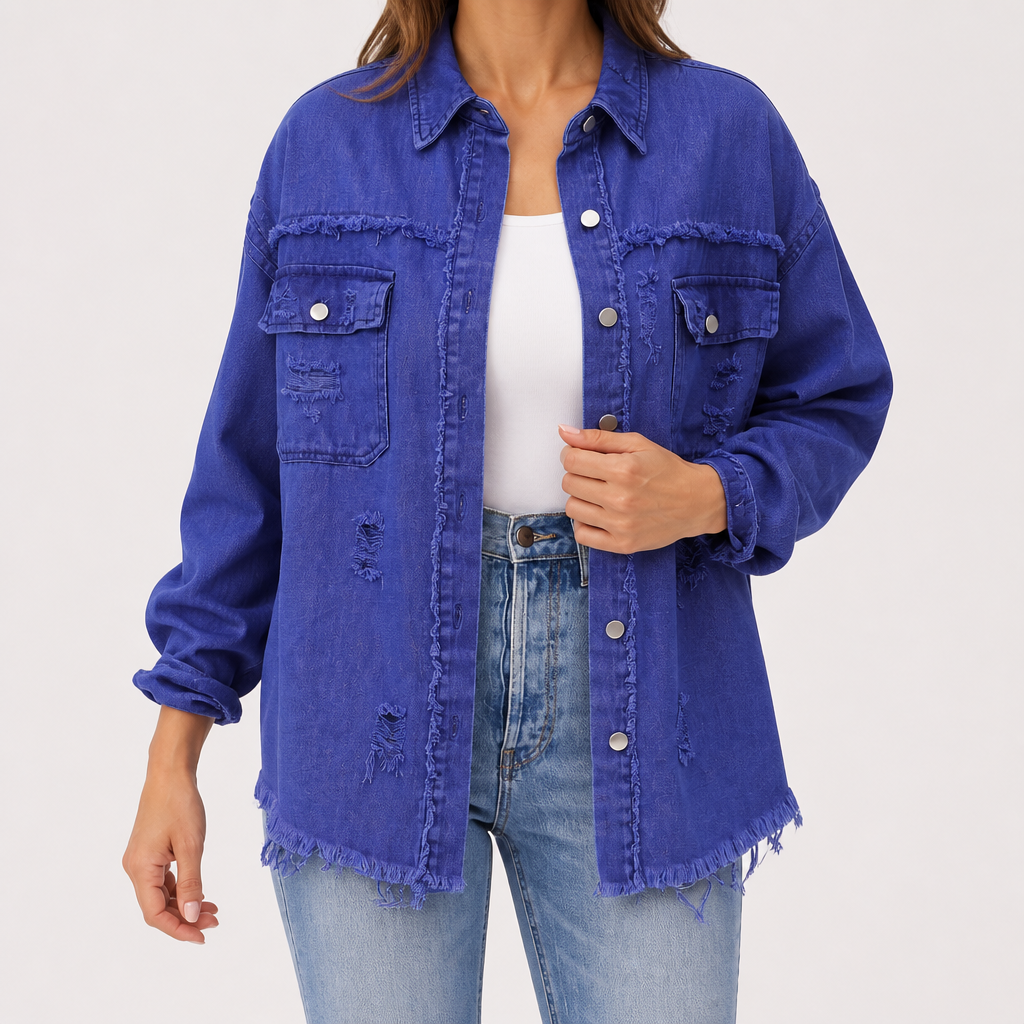 Clarissa | Womens Longline Distressed Denim Jacket, Blue