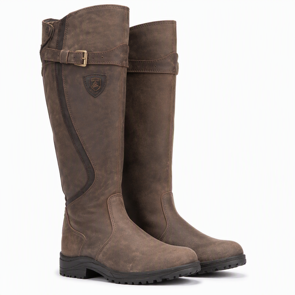 Amos | Womens Knee High Riding Buckle Equestrian Retro Boots Brown packshot