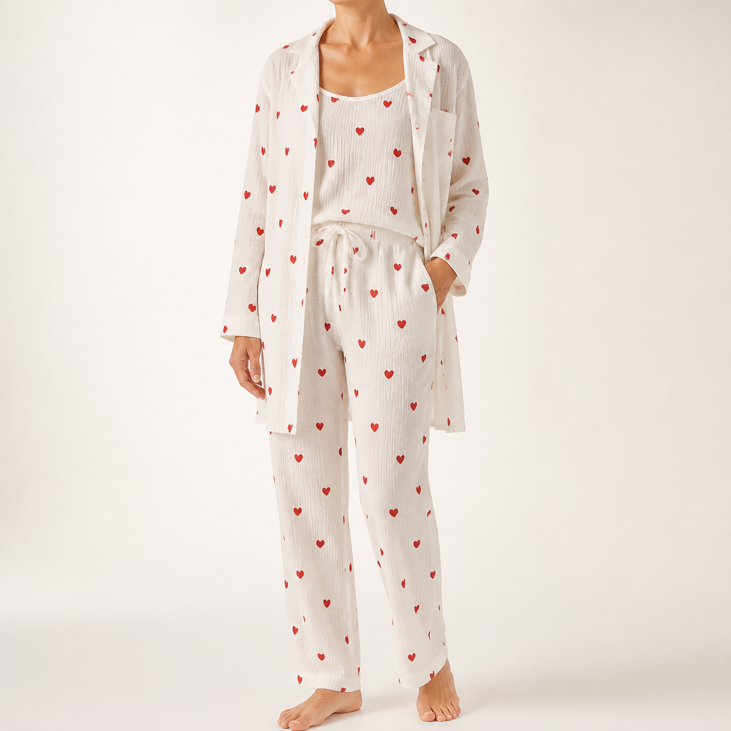 Delphine | Womens Cotton Pyjamas Heart Print Loungewear Set, Apricot 2