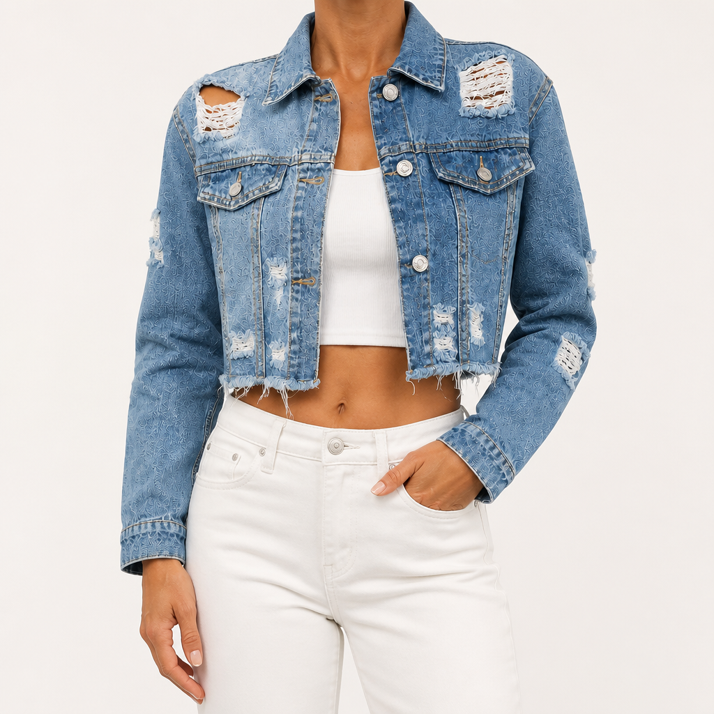 Elowen | Womens Distressed Cropped Denim Jacket, Sky Blue