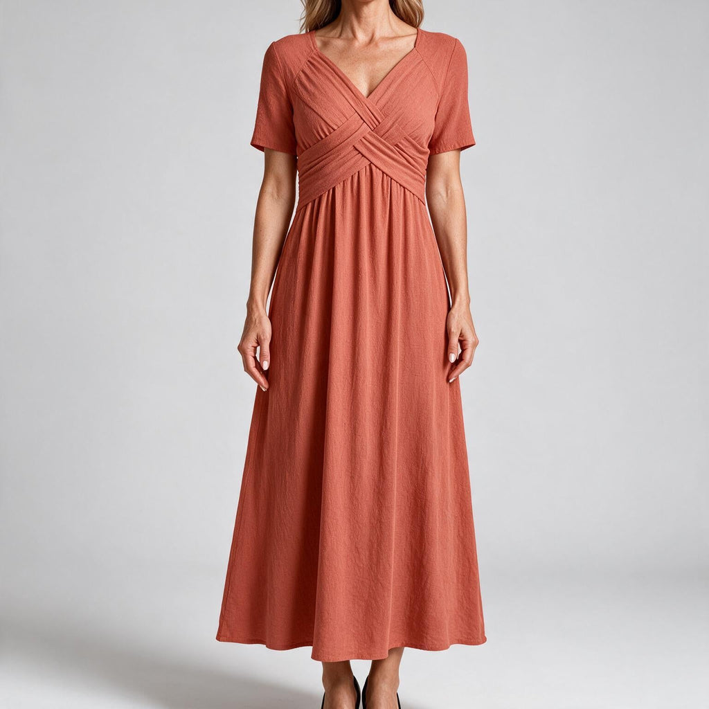 Adaline | Womens Short Sleeve Wrap Waist Long Maxi Wedding Guest Summer Dresses Orange