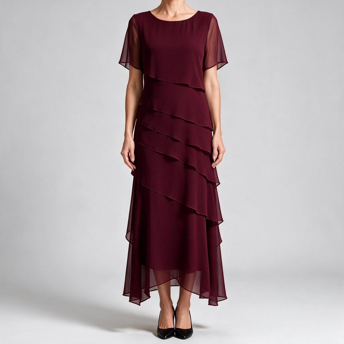 Yara | Womens Wedding Guest Chiffon Round Neck Short Sleeve Dresses Wine Red