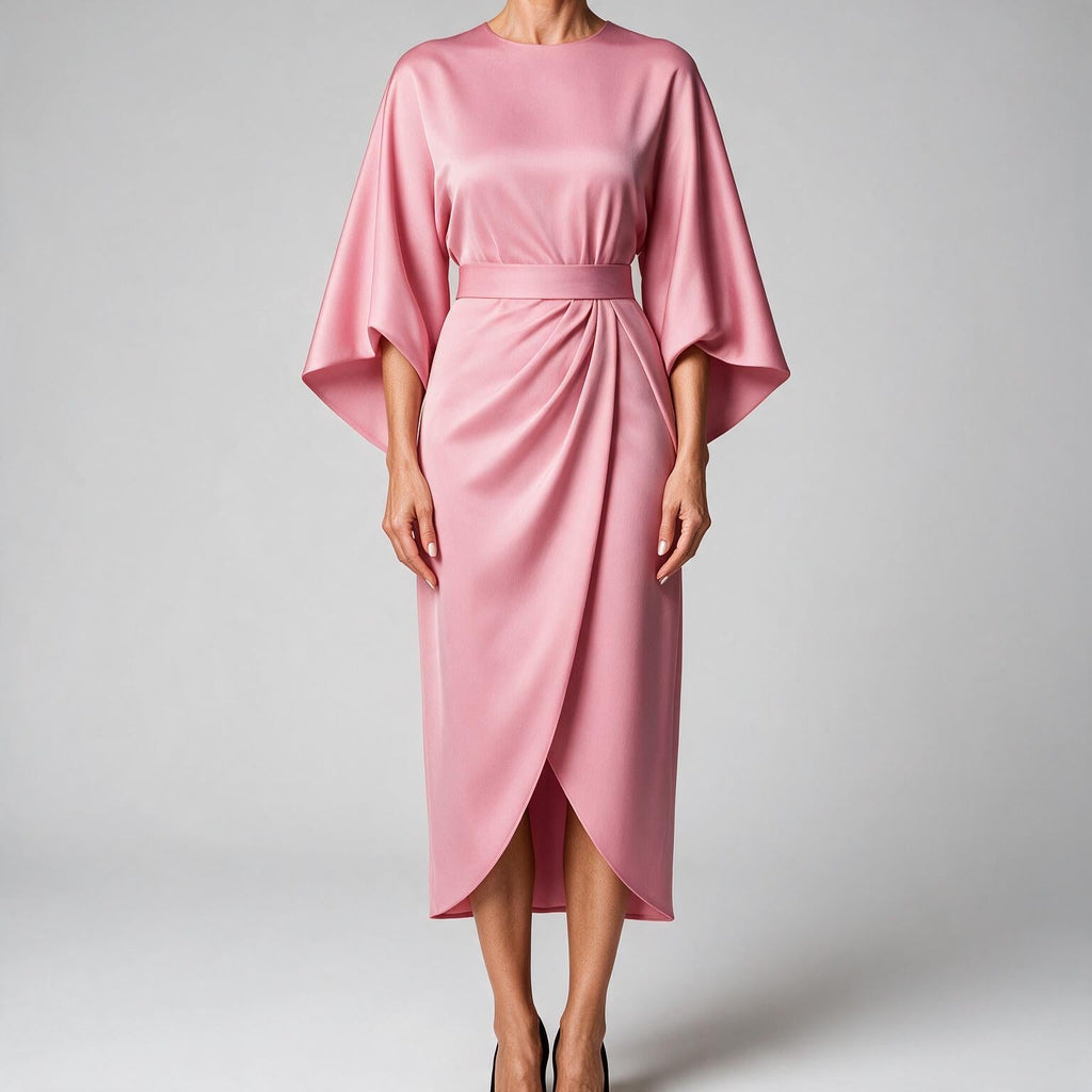 Rhoswen | Womens Wedding Guest Dresses Batwing Sleeve Maxi Elegant Dress Pink
