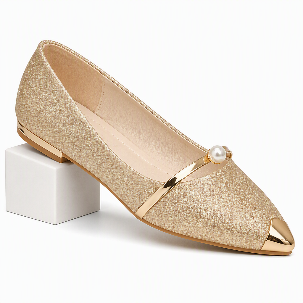 Marceline | Womens Pointed Toe Pearl Flats Slip on Loafers Gold packshot