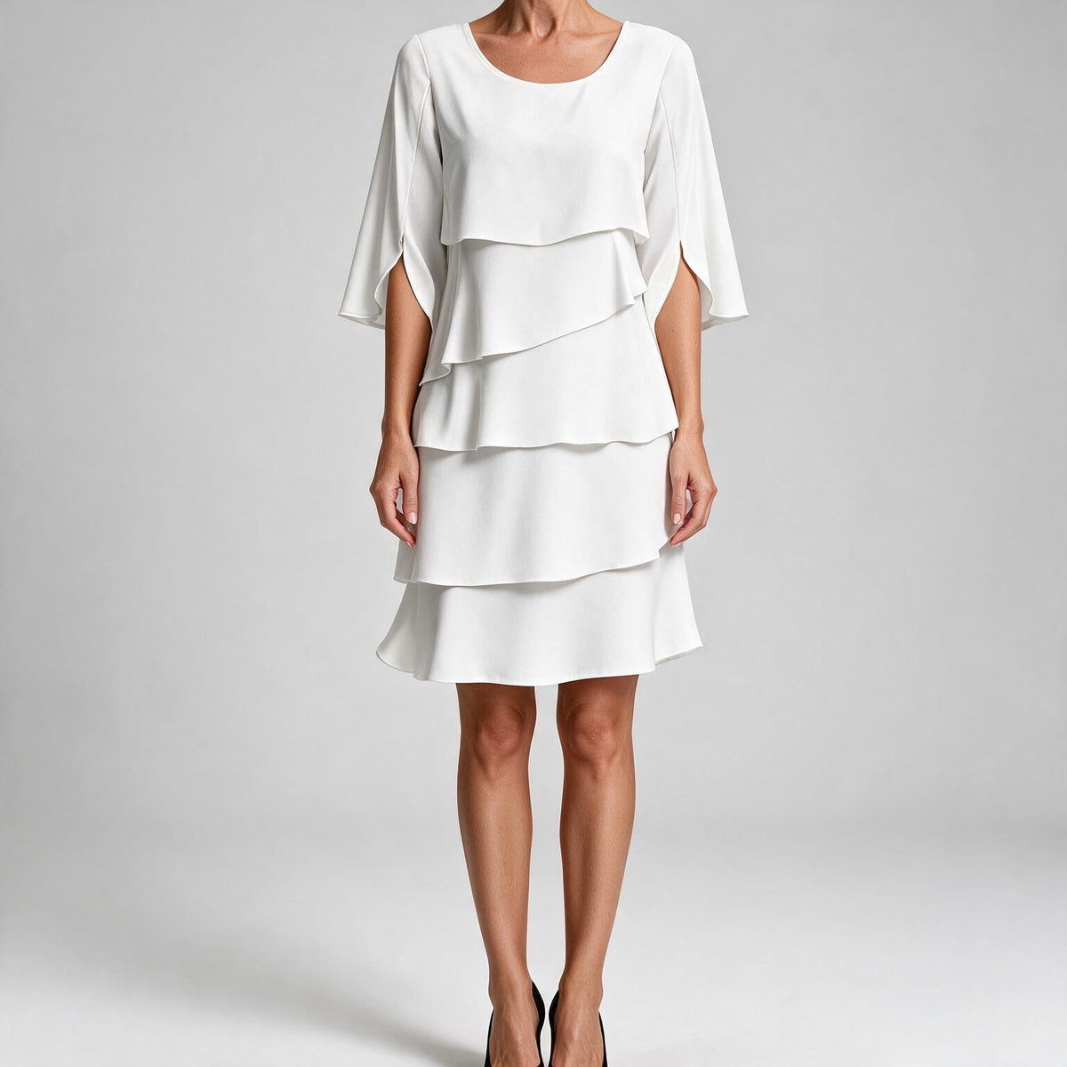Antonia | Womens Wedding Guest Midi Dresses Round Neck Tiered Patchwork Dress