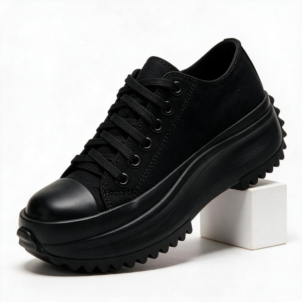 Bettina | Womens Canvas Flatform Thick Sole Black White Flat Shoes Black packshot