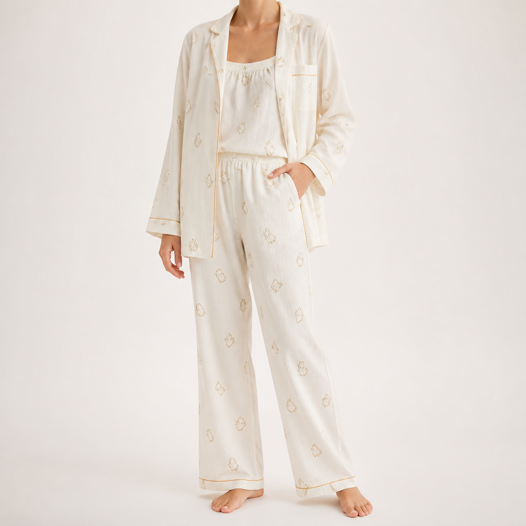 Rosalind | Womens Long Sleeve Button Up Cotton Pyjama Set Loungewear, Cream 4