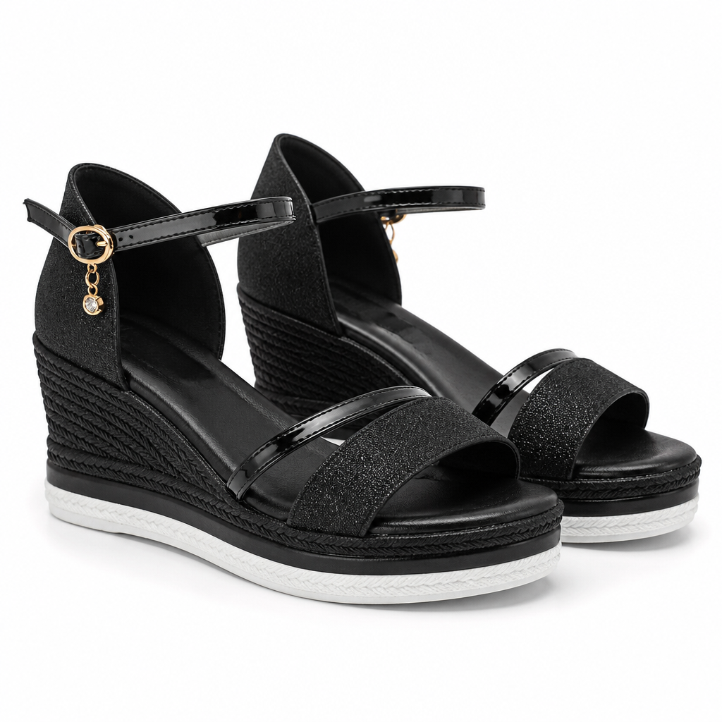 Oceane | Womens Platform Wedge Fish Mouth Black Peep Toe Sandals Black packshot