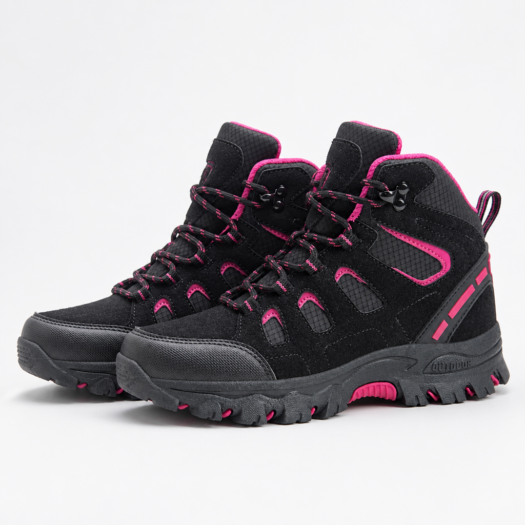 Rowan | Womens Water Resistant Breathable High Top Walking Hiking Boots, Black Rose Red