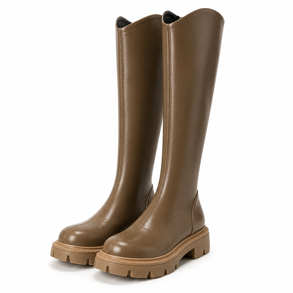 Petra | Womens Knee High Chunky Thick Heel Knight Boots Khaki packshot