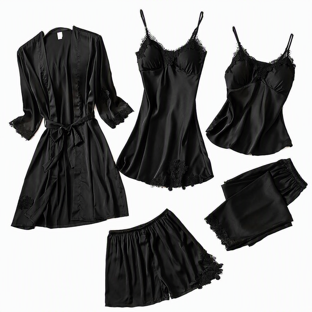 Beatrice | Womens Satin Cami Robe Lounge Set, Black 2