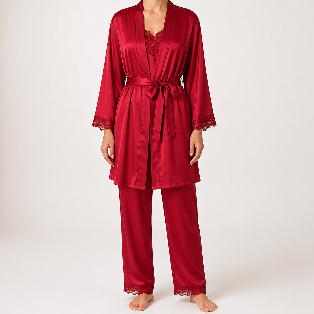 Beatrice | Womens Satin Cami Robe Lounge Set, Wine Red 2