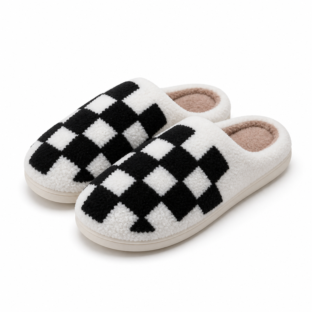 Tamsin | Womens Slippers Fluffy Cute Cartoon Warm House Slippers Chessboard packshot