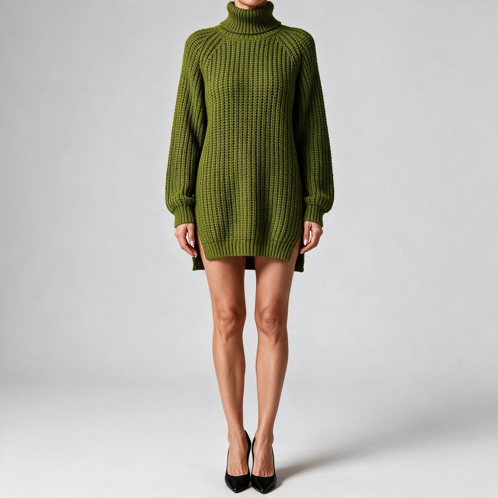 Rhiannon | Womens Wedding Guest Jumper Knitted Split Raglan Sleeve Dresses Olive Green