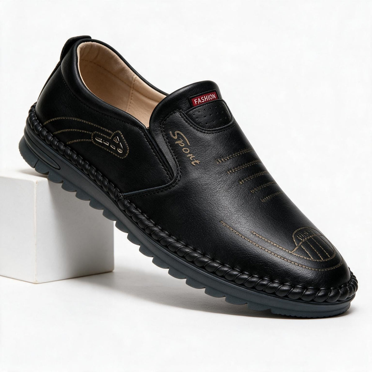 Auberon | Mens Loafers Slip on Leather Casual Driving Shoes Black packshot